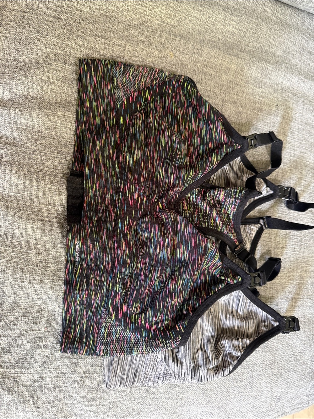 Gray Striped Sports Bra with Black Trim